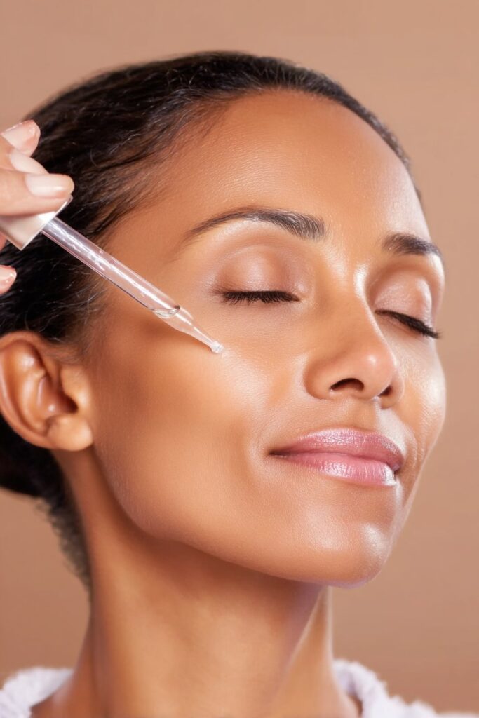 Woman applying specialized retinol serum to face from dropper bottle, highlighting targeted nighttime skincare treatment.