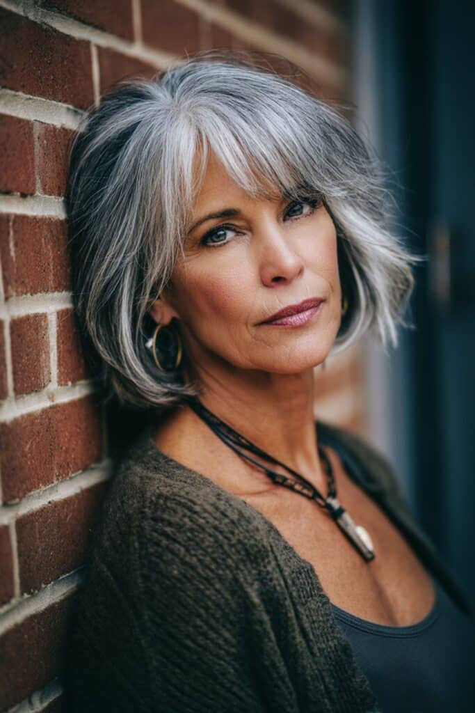 "Stylish mature woman with thick asymmetrical bob poses confidently against urban brick background in professional beauty portrait."
