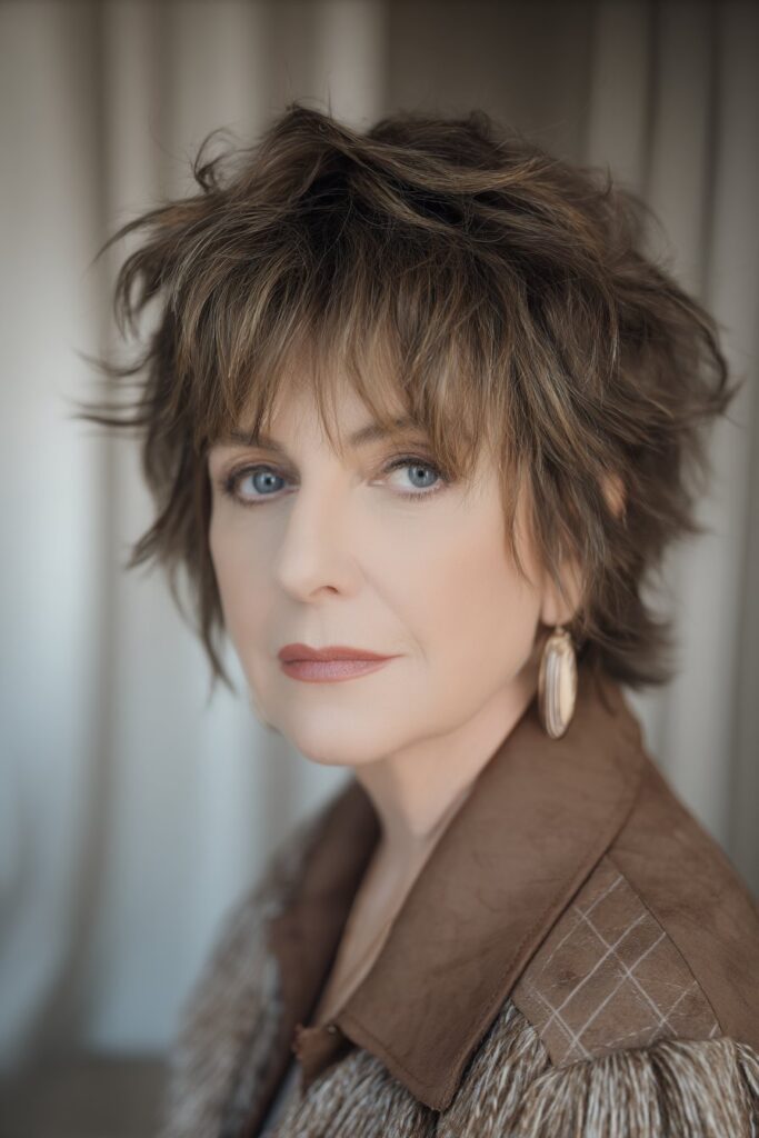"Elegant beauty photo of mature woman with asymmetrical shag hairstyle in soft boho interior with neutral textures."