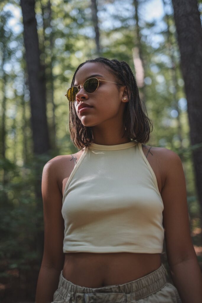 American woman with small front baby braids, trendy Gen-Z look, sunglasses and bandeau top, forest background.