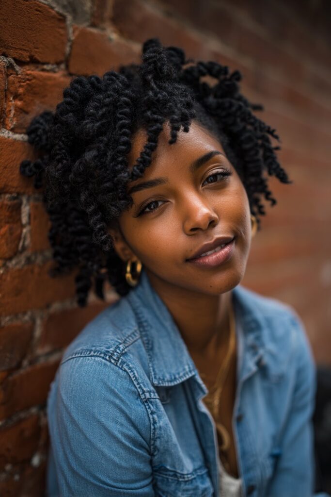 Woman with styled bantu knots hairstyle photographed against urban brick wall backdrop, natural makeup look.