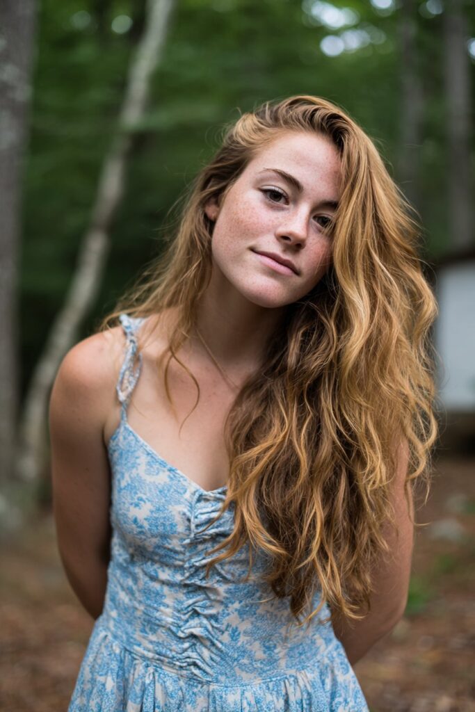 American woman with beachy waves, casual summer dress, carefree expression, photographed outdoors in natural forest setting.