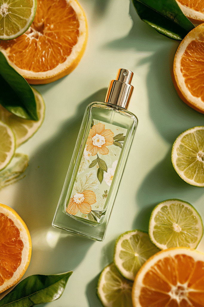 "Flat lay of a clear citrus-toned bottle with floral label, surrounded by bergamot slices and citrus leaves on a green and beige background."