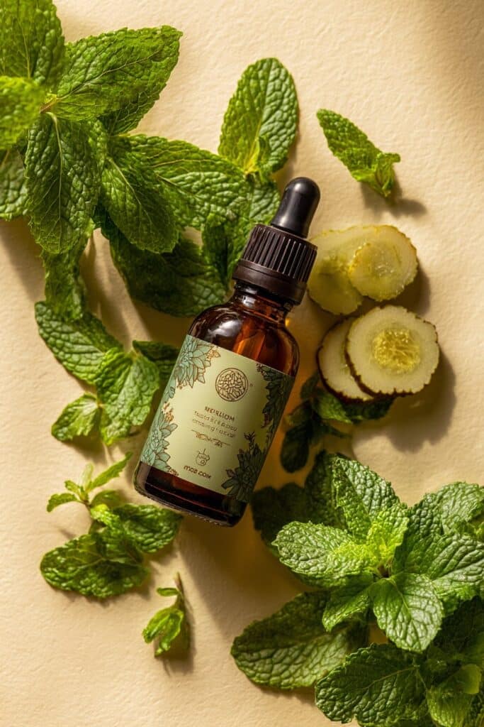 Frosted spray bottle containing toning mist, surrounded by patchouli leaves and sliced bergamot on pale olive and cream background.