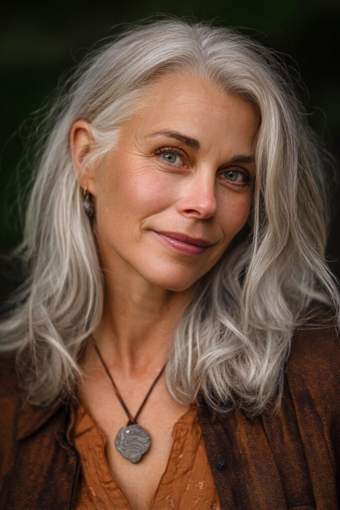 "Confident mature woman with thick bixie cut hairstyle photographed in forest setting with stylish outfit and minimal makeup."