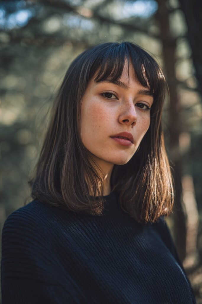 American female model with straight long layers, sharp blunt bangs, clean makeup, high contrast fashion style, natural forest backdrop.