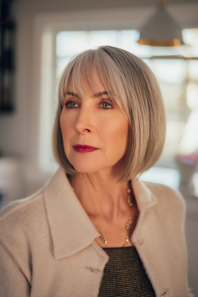 "Bright loft portrait of 50+ woman with blunt lob haircut in natural daylight with visible windows."