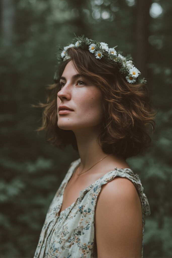 American woman with soft boho beach curls, natural bounce, floral headband, flowy dress in forest setting.