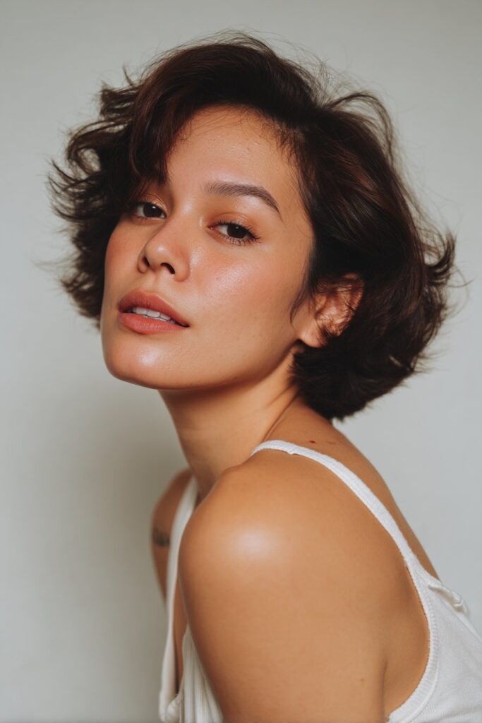 American woman with short bouncy beach waves, glowing makeup, flowy tank top against white backdrop, natural lighting.