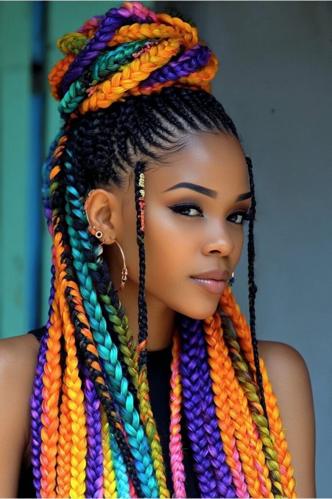 Protective hairstyle featuring square-sectioned braids throughout hair, enhanced with bright colored extensions for vibrant visual contrast.
