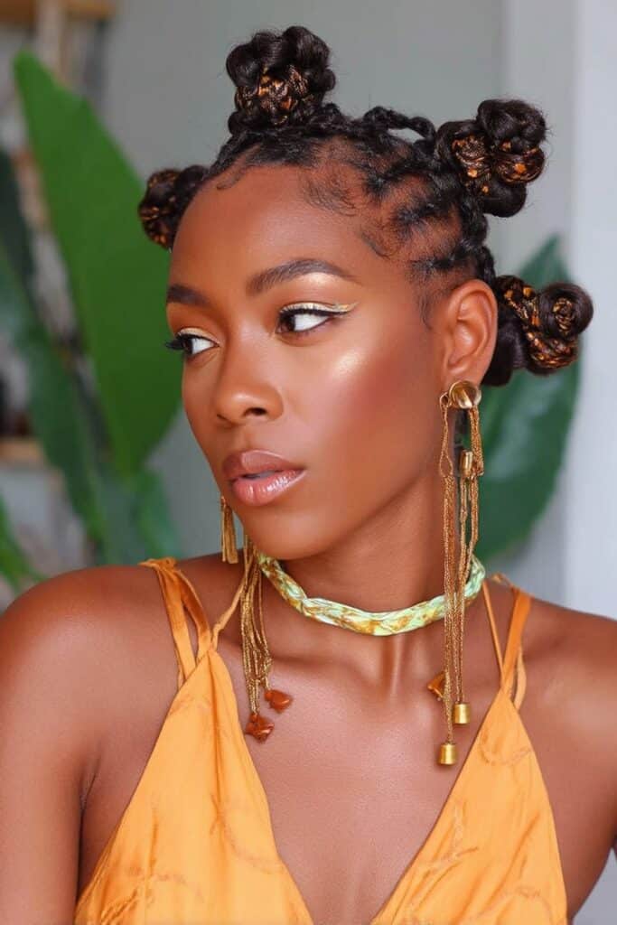 Small sections of braided hair twisted and coiled into tight knots across scalp, creating textured geometric pattern.