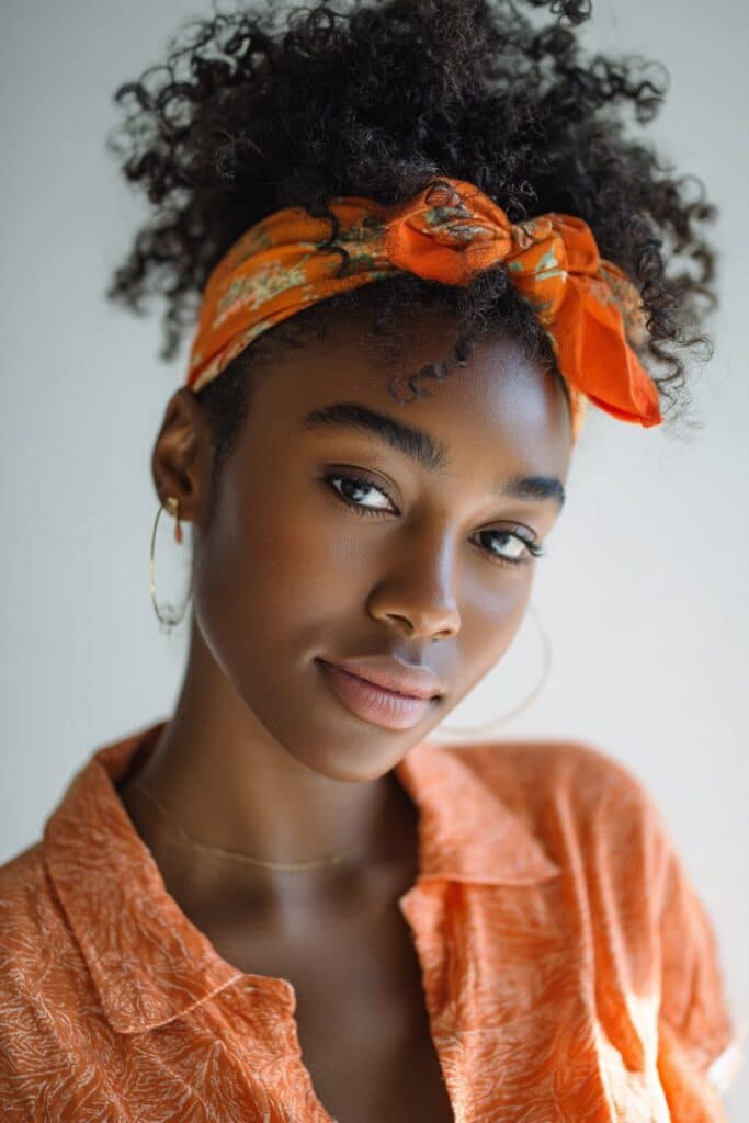 Portrait of woman wearing braided crown hairstyle against soft gray backdrop, showcasing protective styling.
