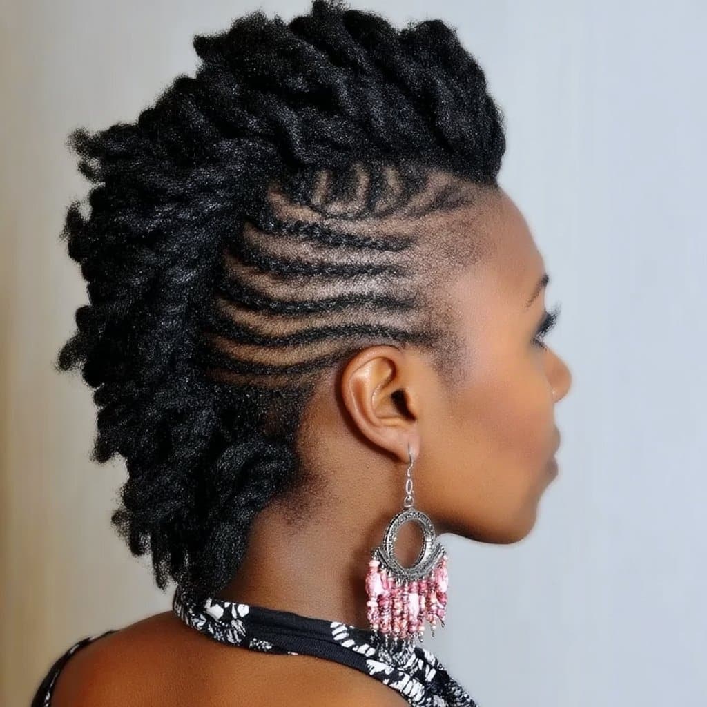 Center strip of twisted braids running down middle of head while sides are closely braided flat.