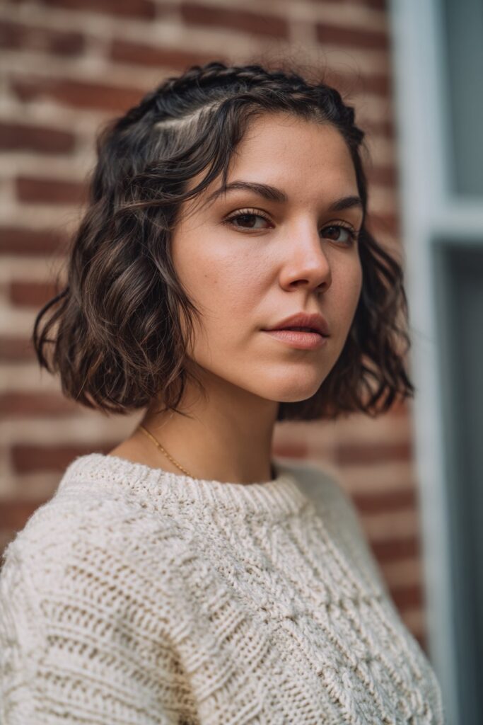 American woman with beach waves and face-framing braids, romantic makeup, cozy knit top against brick wall background.