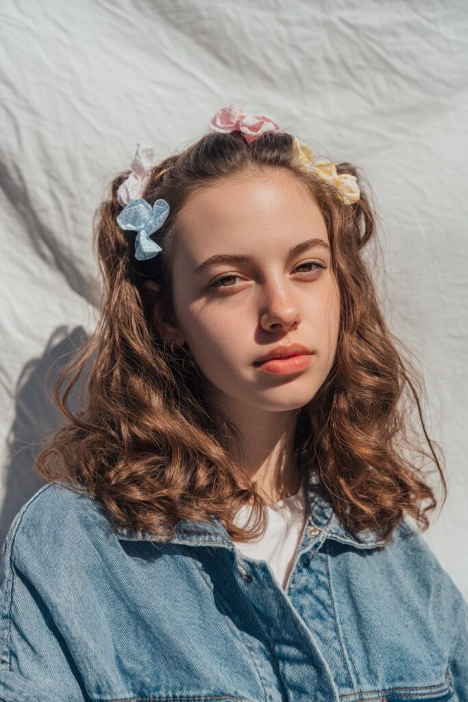 American woman with wavy hair styled with pastel butterfly clips, minimal makeup, denim outfit, white backdrop.