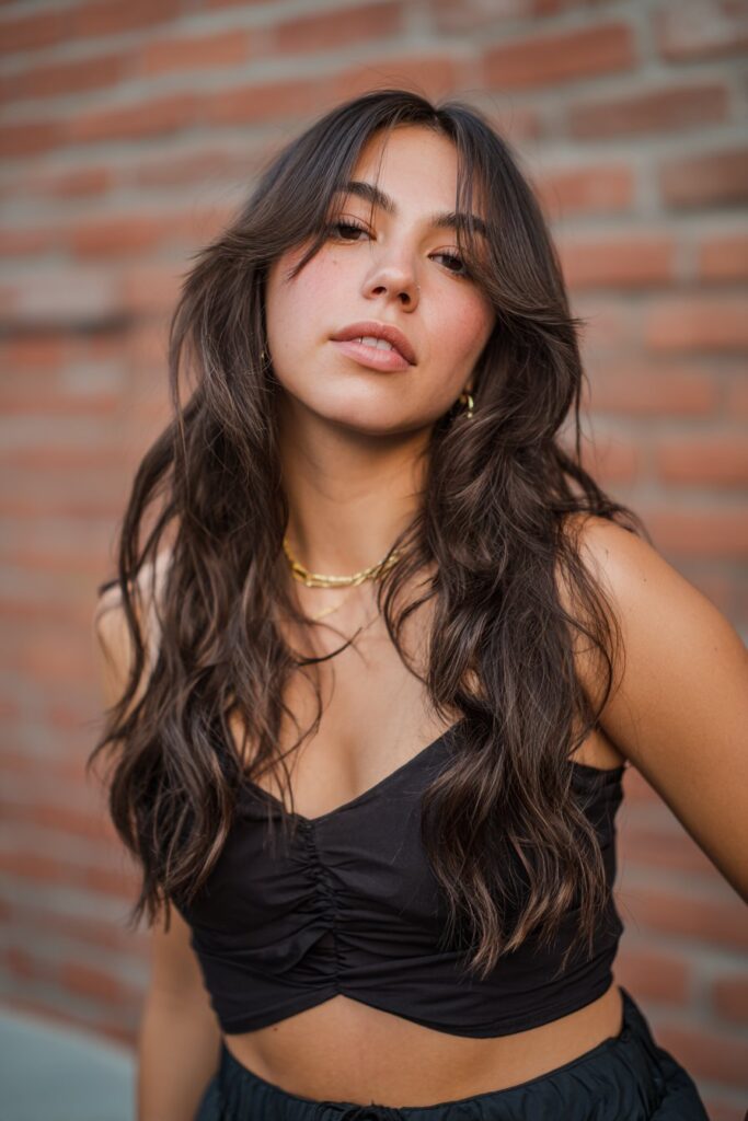 American female model with butterfly haircut, long cascading layers, airy bangs, confident expression, modern outfit, urban brick wall background.