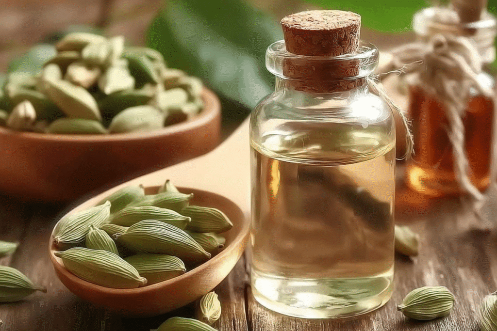 Glass bottle of cardamom essential oil with green cardamom pods scattered around, highlighting this aromatic digestive aid.