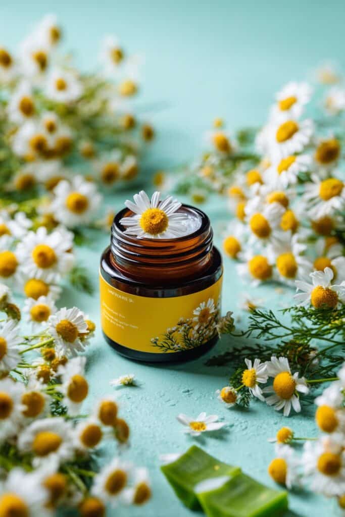 Soft yellow gel jar containing calming gel, surrounded by chamomile blooms and aloe vera slices on pastel yellow and mint background.