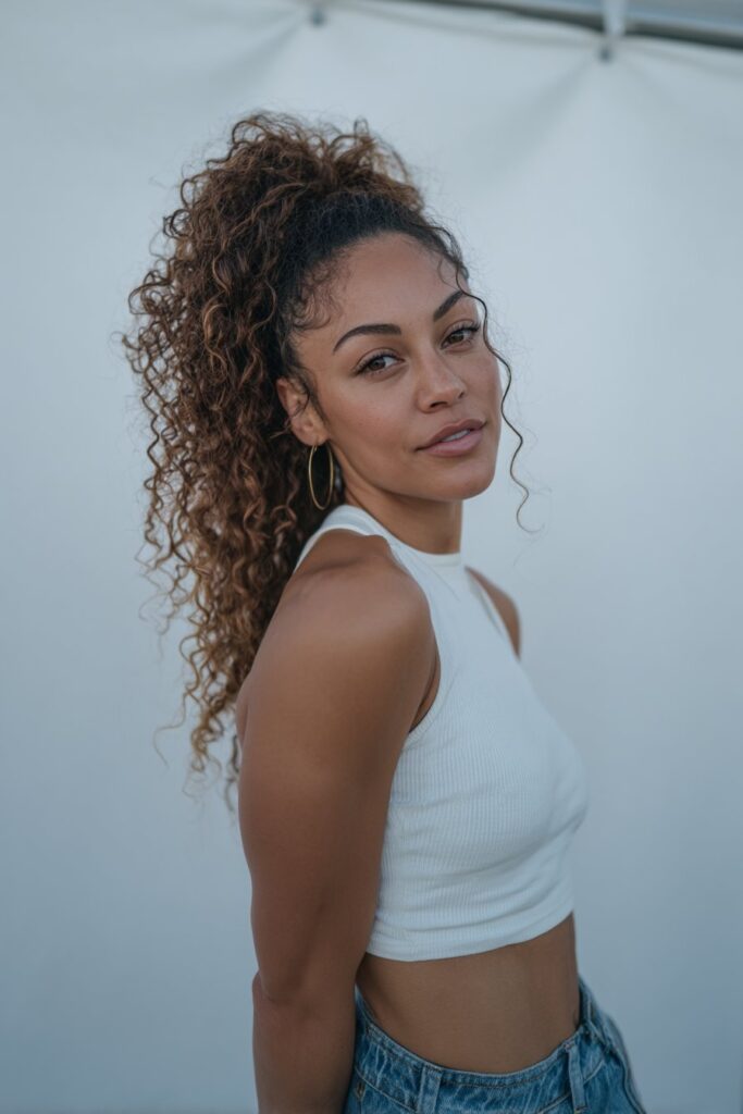 Confident young American woman with voluminous curly hair in sleek high ponytail, wearing crop top and denim shorts against white backdrop.