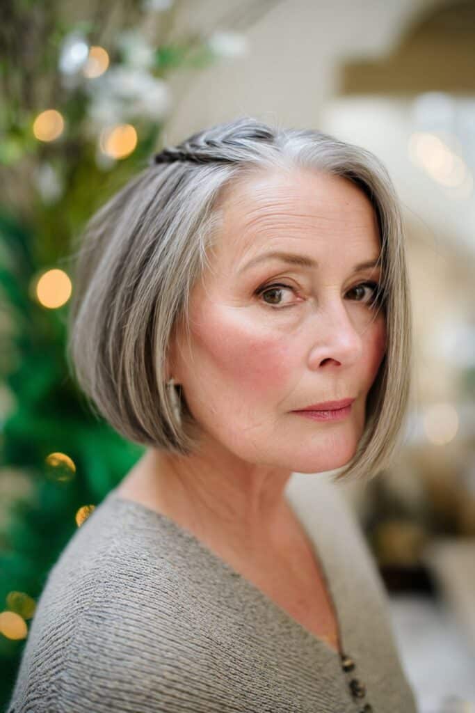 Professional portrait of mature American woman with chin-length highlighted bob featuring braided accents in natural indoor setting.