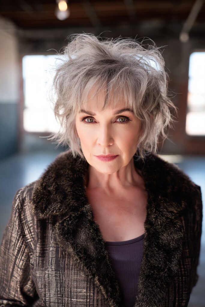 "Stylish beauty shot of 50+ woman with choppy bixie shag hairstyle in sunlit loft with large windows."