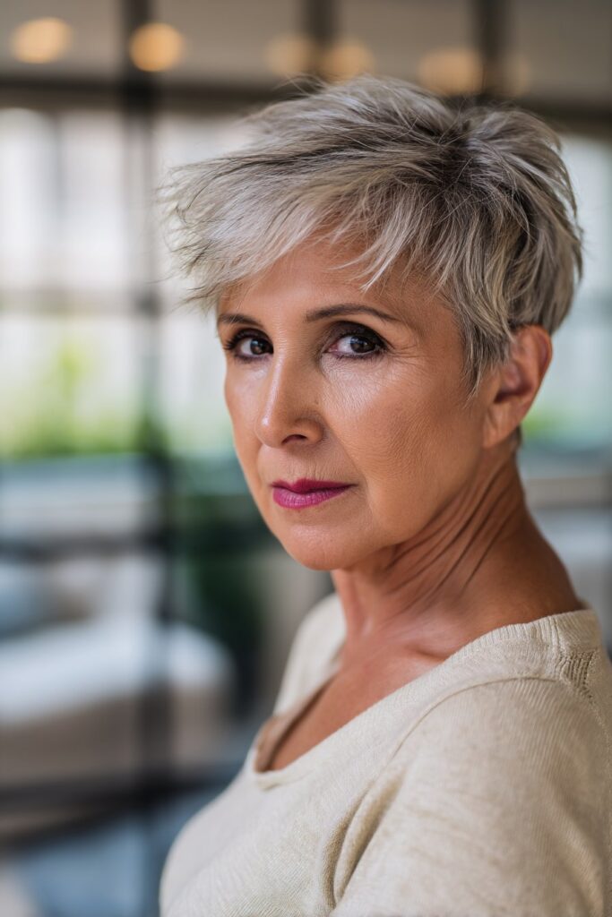 "Bright loft portrait of 50+ woman with choppy pixie cut in natural daylight with large windows."
