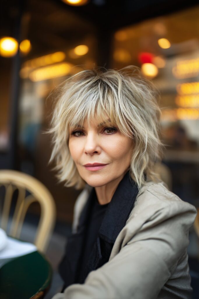 "Warm café portrait of mature woman with face-framing choppy shag in stylish outfit."