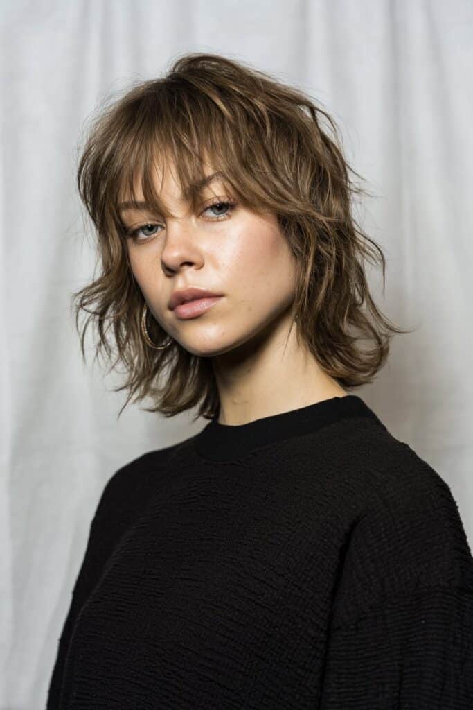 American female model with choppy shag haircut, full fringe, textured waves, edgy outfit, soft natural lighting, seamless white backdrop.