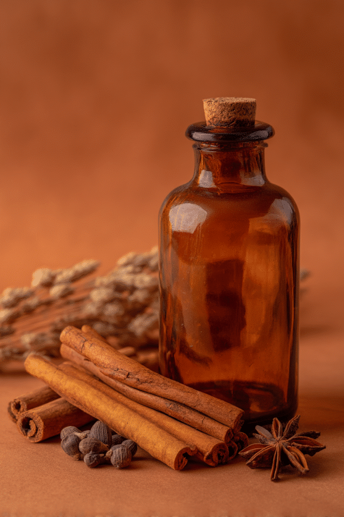 "Flat lay of an amber glass bottle with spice label, surrounded by cinnamon sticks and cloves on a beige and terracotta background."