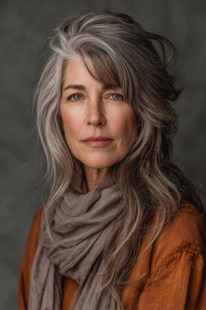 "Elegant portrait of 50+ woman with modern classic shag hairstyle against soft gray backdrop in natural lighting."