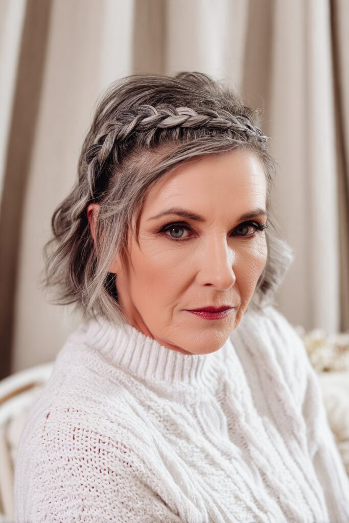 Portrait of American woman over 50 with classic short bob hairstyle featuring subtle braided accents, boho interior with neutral textures.