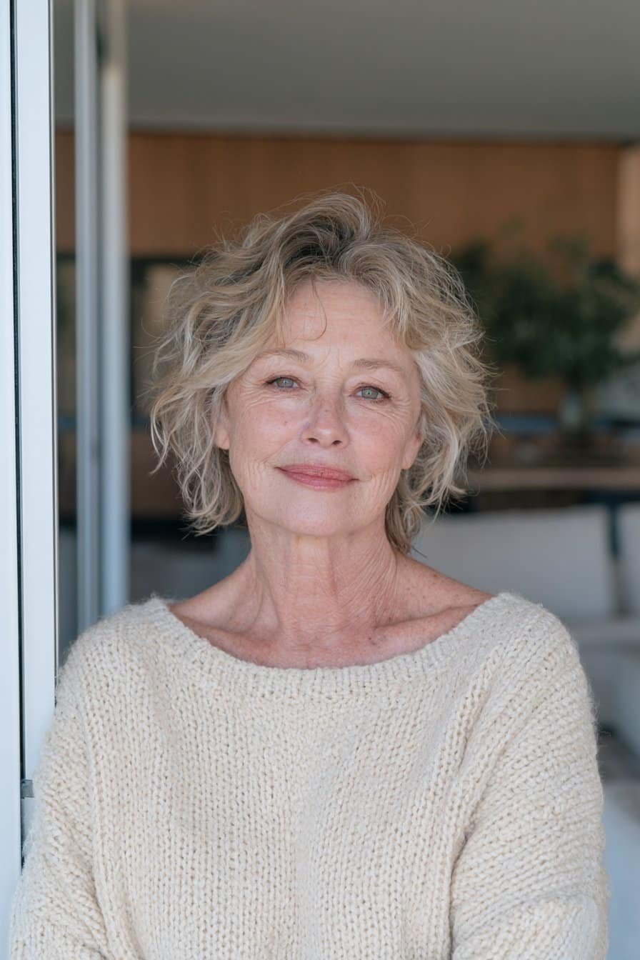 Mature woman over 60 with a short wispy shag and salt-and-pepper hair.