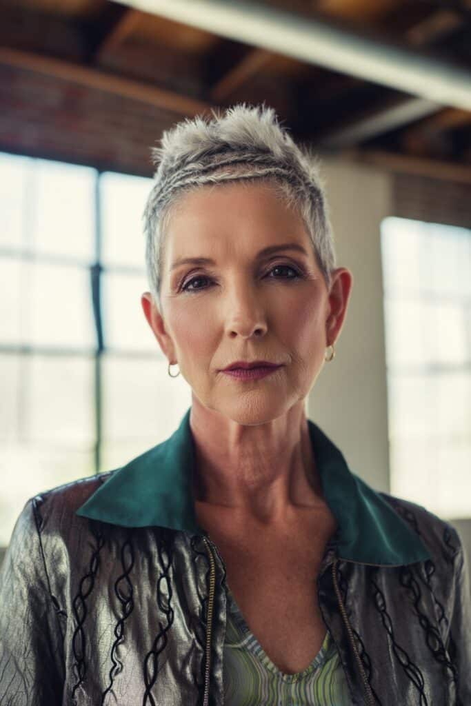 Professional headshot of woman with close-cropped salt and pepper pixie hairstyle with braided accents in loft environment.