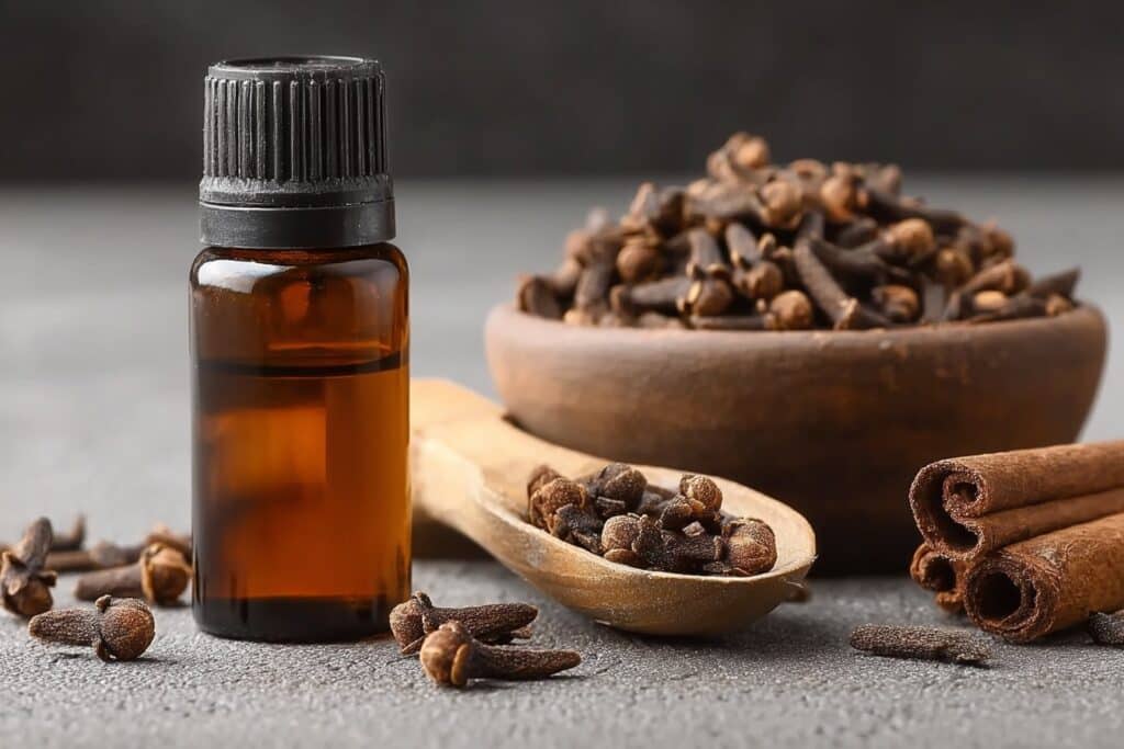 Dark bottle of clove essential oil with dried clove buds scattered around, highlighting this potent digestive support.
