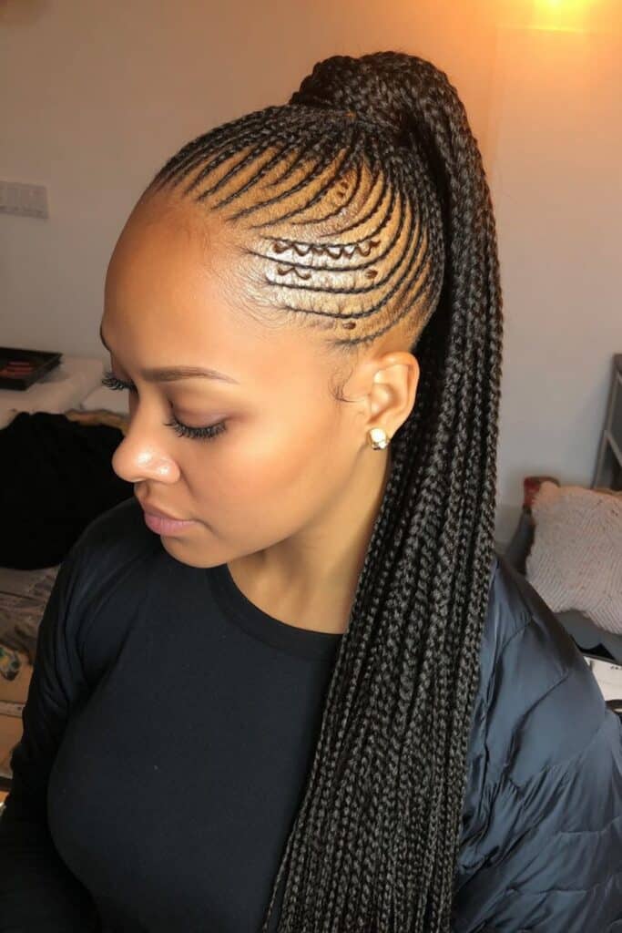 Neat, tight braids woven close to the scalp in straight lines or geometric patterns, gathered together at the back to form a sleek ponytail.