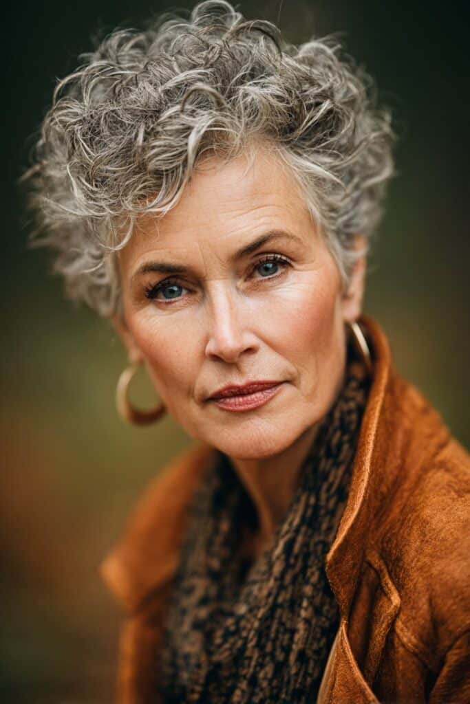 "Natural forest portrait of confident 50+ woman with thick curly pixie cut, subtle makeup and stylish outfit."