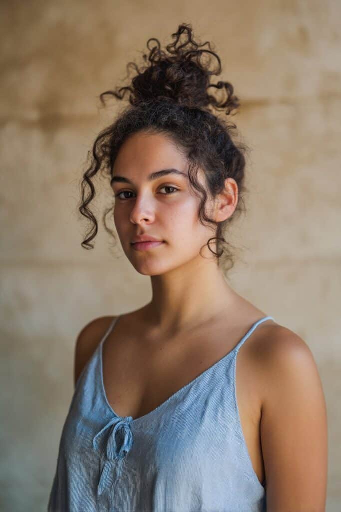 Relaxed young American woman with curly hair in casual top knot, wearing breezy linen tank top against textured plaster wall.