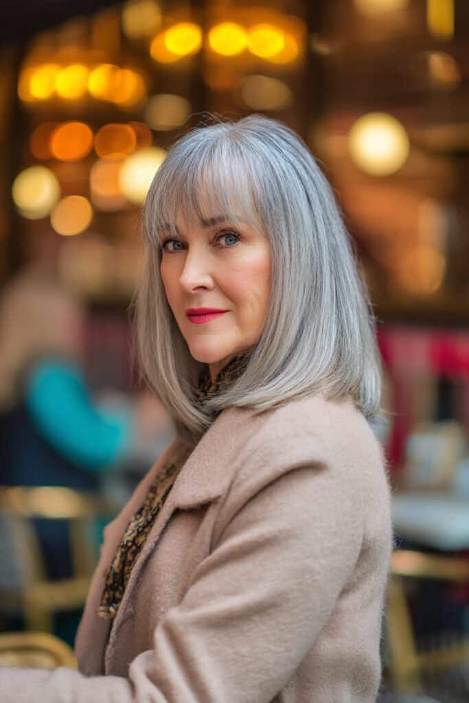 "Stylish café portrait of 50+ woman with curtain bangs and layered hair in warm ambient lighting."