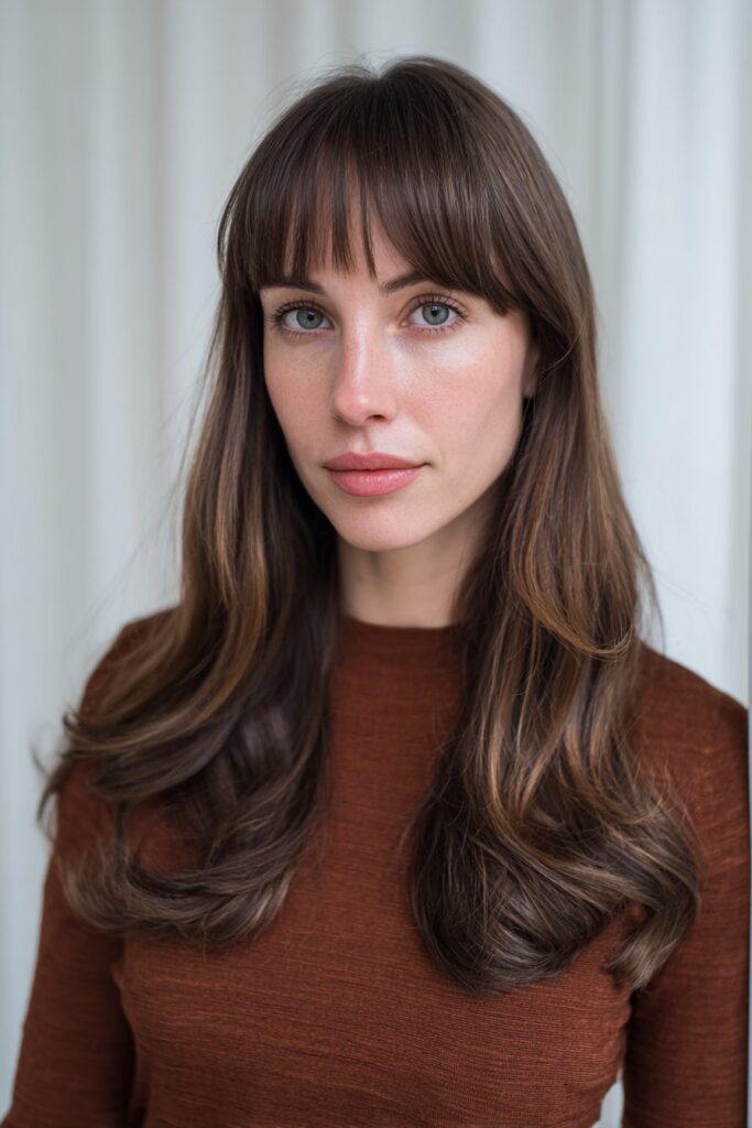 American female model with long layered hair, soft curtain bangs, subtle waves, stylish top, natural lighting, seamless white background.