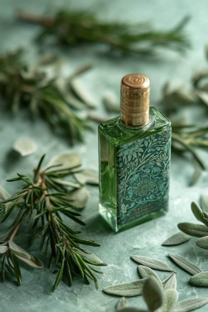 Green-tinted glass bottle containing pore-tightening serum, surrounded by cypress sprigs and tea tree leaves on sage and stone background.