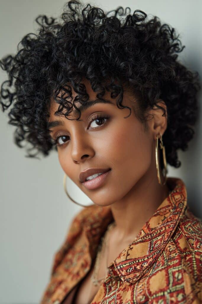 Portrait of a woman with defined wash-and-go hairstyle showing tight natural curls against a white backdrop, warm expression.