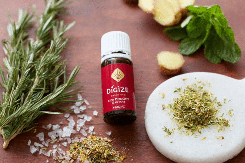 Specialized essential oil blend bottle containing multiple digestive oils with herbs representing its ingredients.