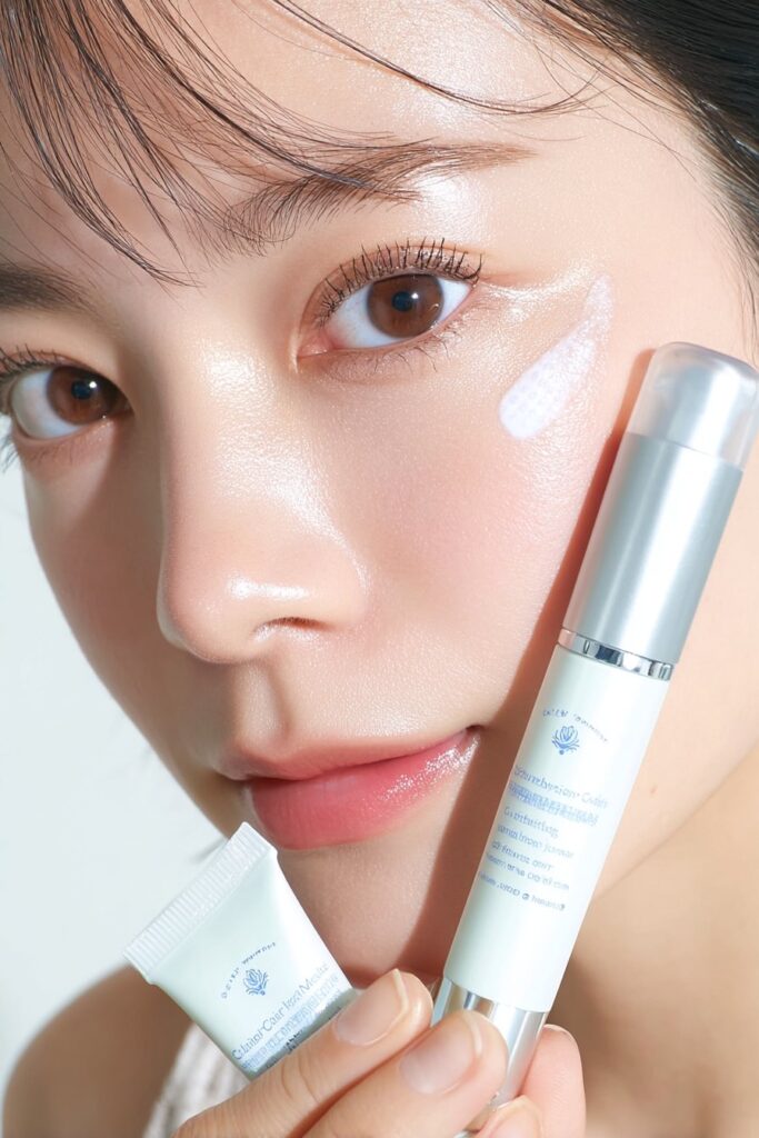 Close-up of applying special eye cream and lip balm as part of comprehensive nighttime skincare routine.