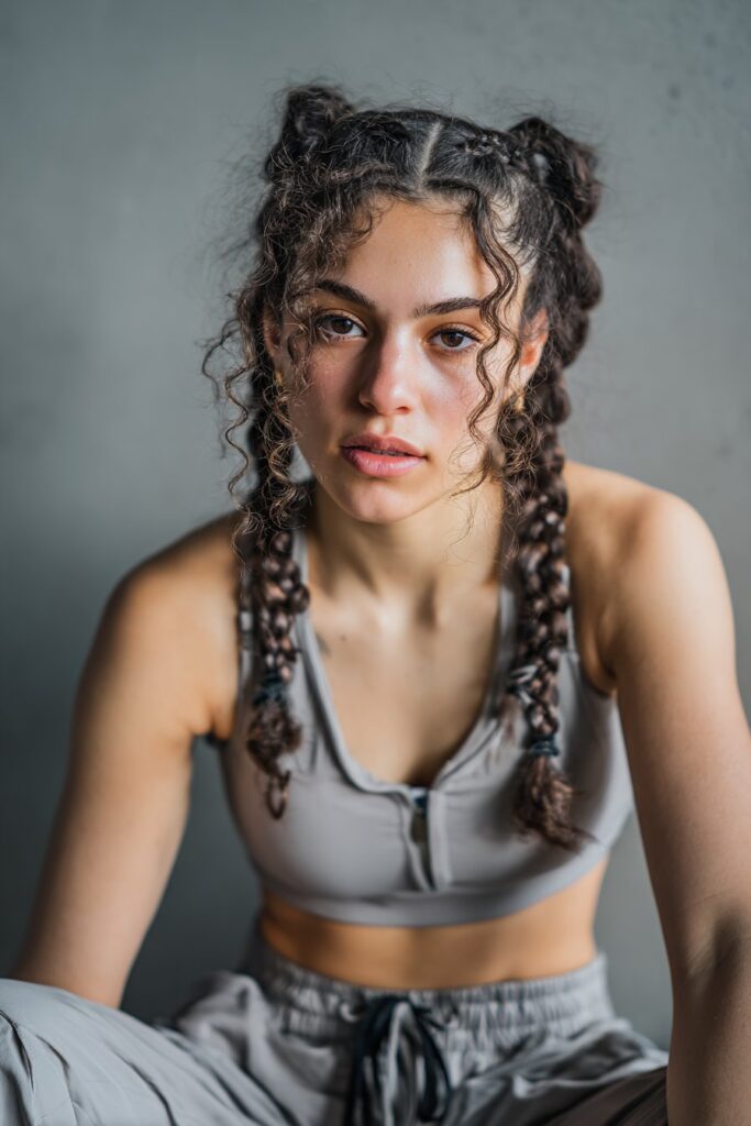 American woman with curly hair in double Dutch braids, sporty dancewear, determined expression, soft gray backdrop.