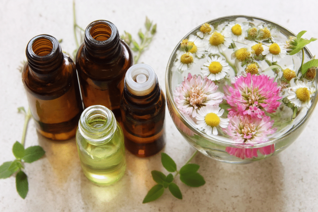 Collection of various essential oil bottles arranged with digestive herbs and a simplified gut diagram showing benefits.