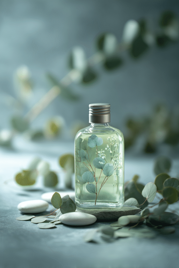 "Flat lay of a green-tinted glass bottle with botanical design, surrounded by eucalyptus leaves and stones on a mist gray background."
