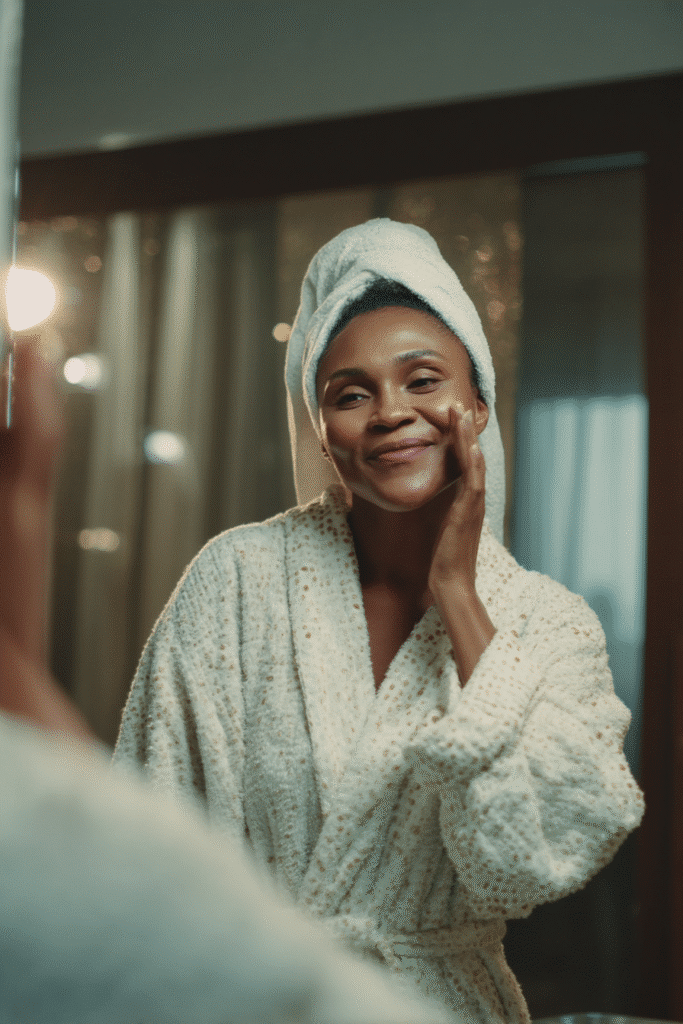 Woman in white bathrobe with towel on head applying skincare product, smiling in bathroom mirror.