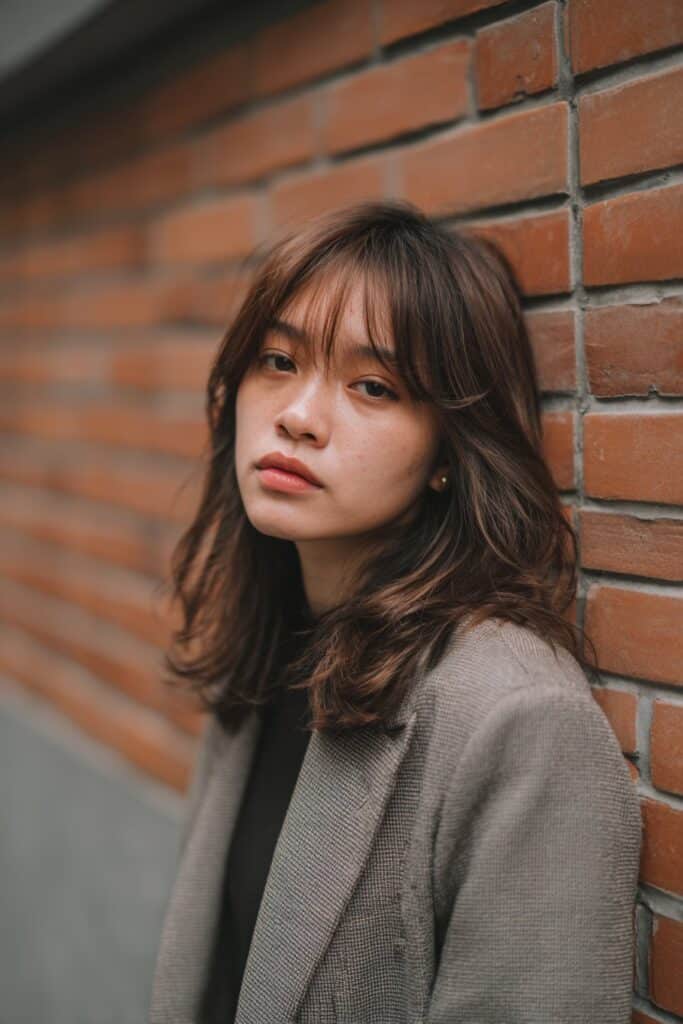 American female model with face-framing long layers, soft side bangs, casual chic outfit, warm lighting, urban brick wall background.