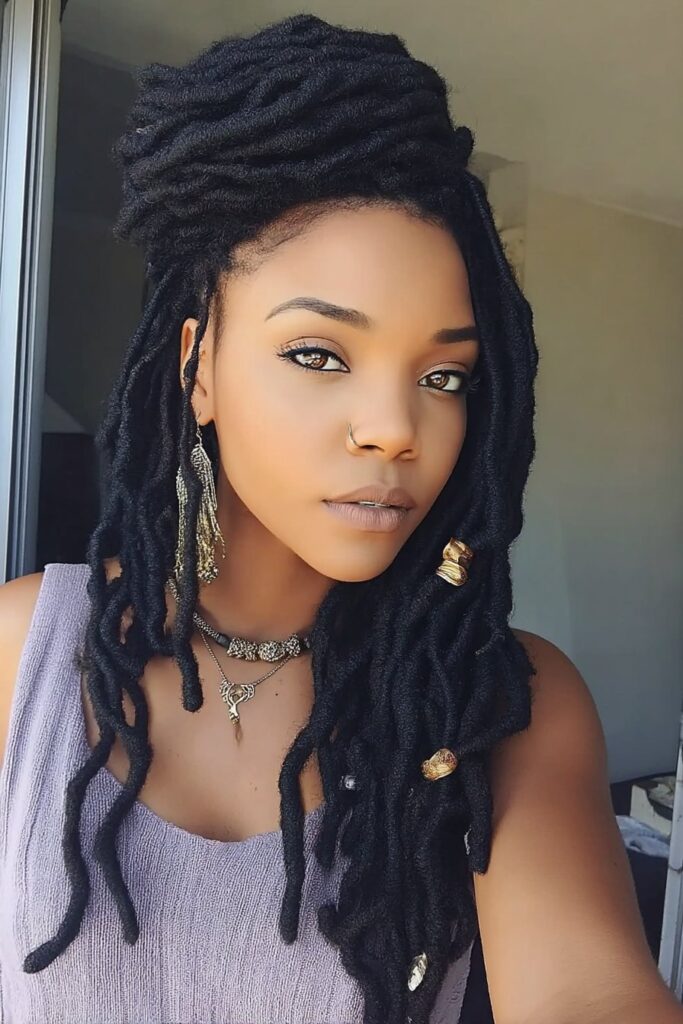 Synthetic or natural hair twisted and wrapped to mimic the appearance of mature dreadlocks, offering a temporary protective style with bohemian flair.