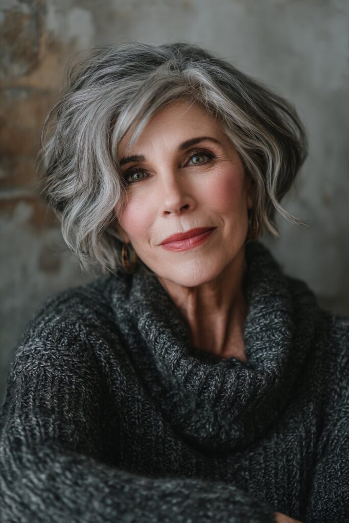 Beauty portrait of confident woman over 50 with thick hair styled in flattering feathered bob against textured plaster backdrop.